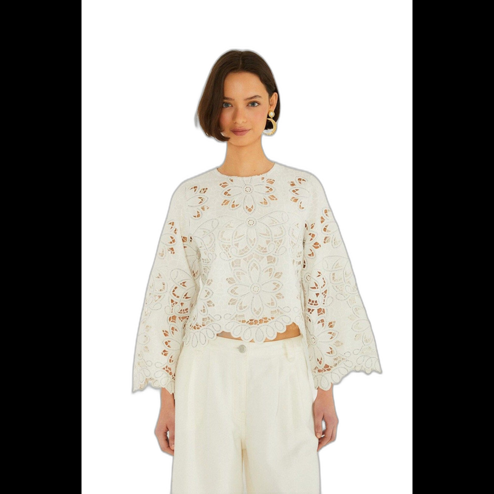 FARM RIO Off-White Flowers Richelieu Blouse Size S Cotton Lace Cutout Top